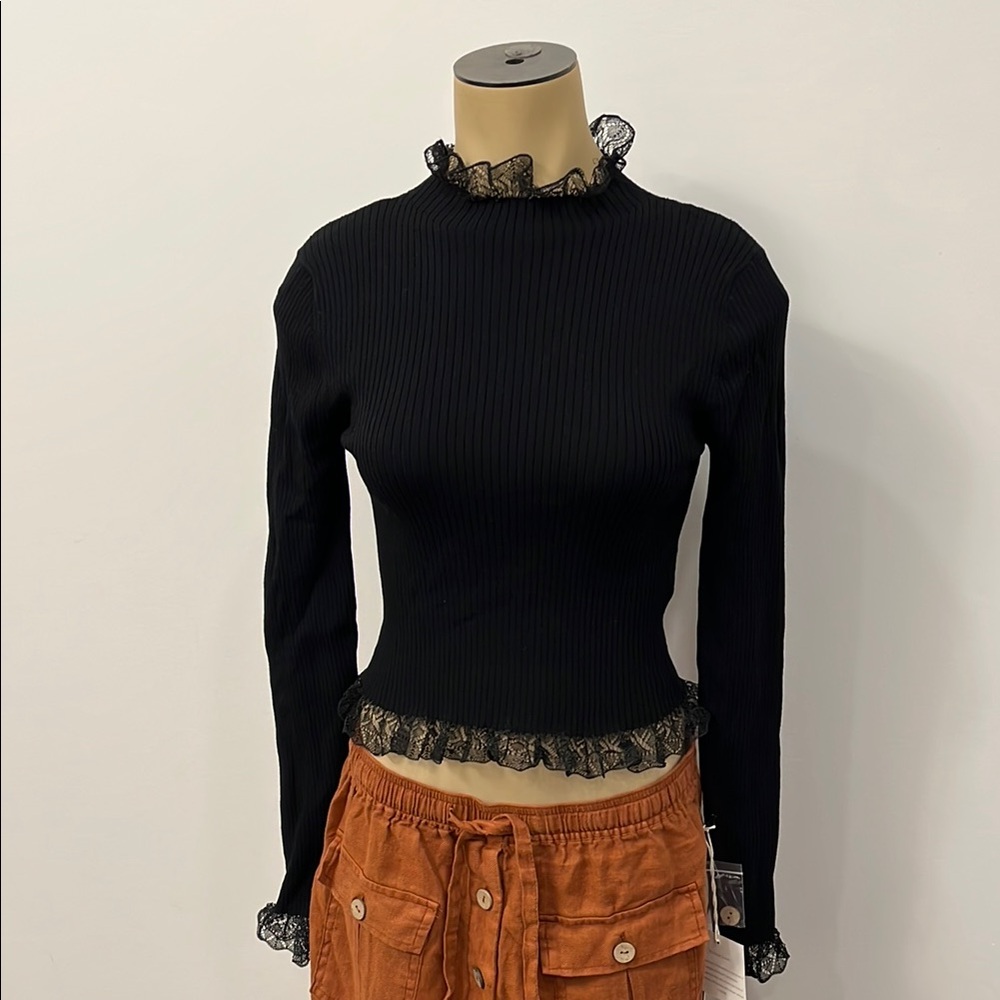 Zara Black Ribbed Top with Lace Details